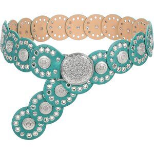 Women Vintage Disc Waist Concho Leather Belt Boho Waist Belt Green Silver Buckle